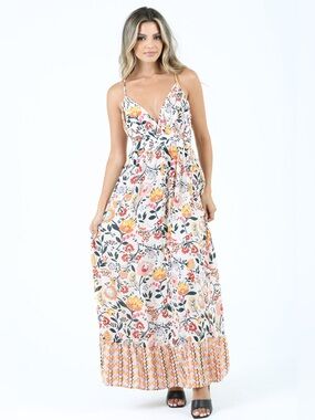 NWT Angie White Floral spaghetti strap Maxi Dress, Yellow & Coral Accents Sz M